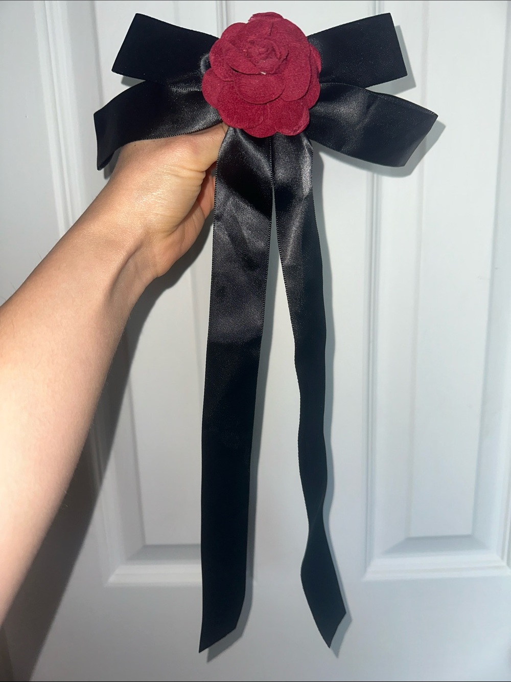 Black Ribbon Hair Bow with Burgundy Rose Accent